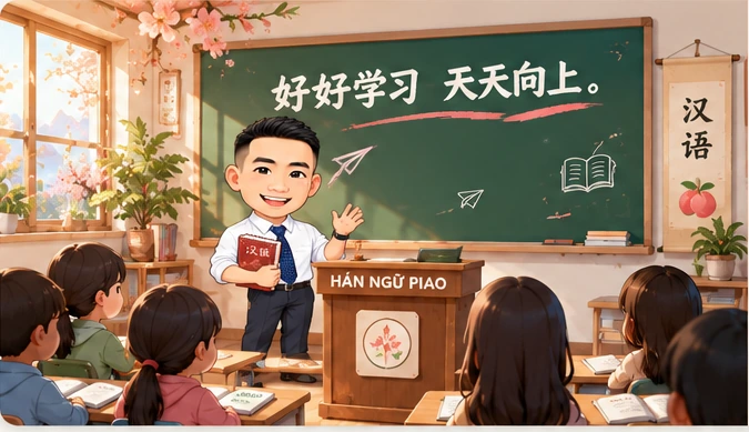 Lớp học Hán Ngữ PIAO: chibi Thầy Đào đứng bục giảng, học viên và khẩu hiệu 好好学习,天天向上。